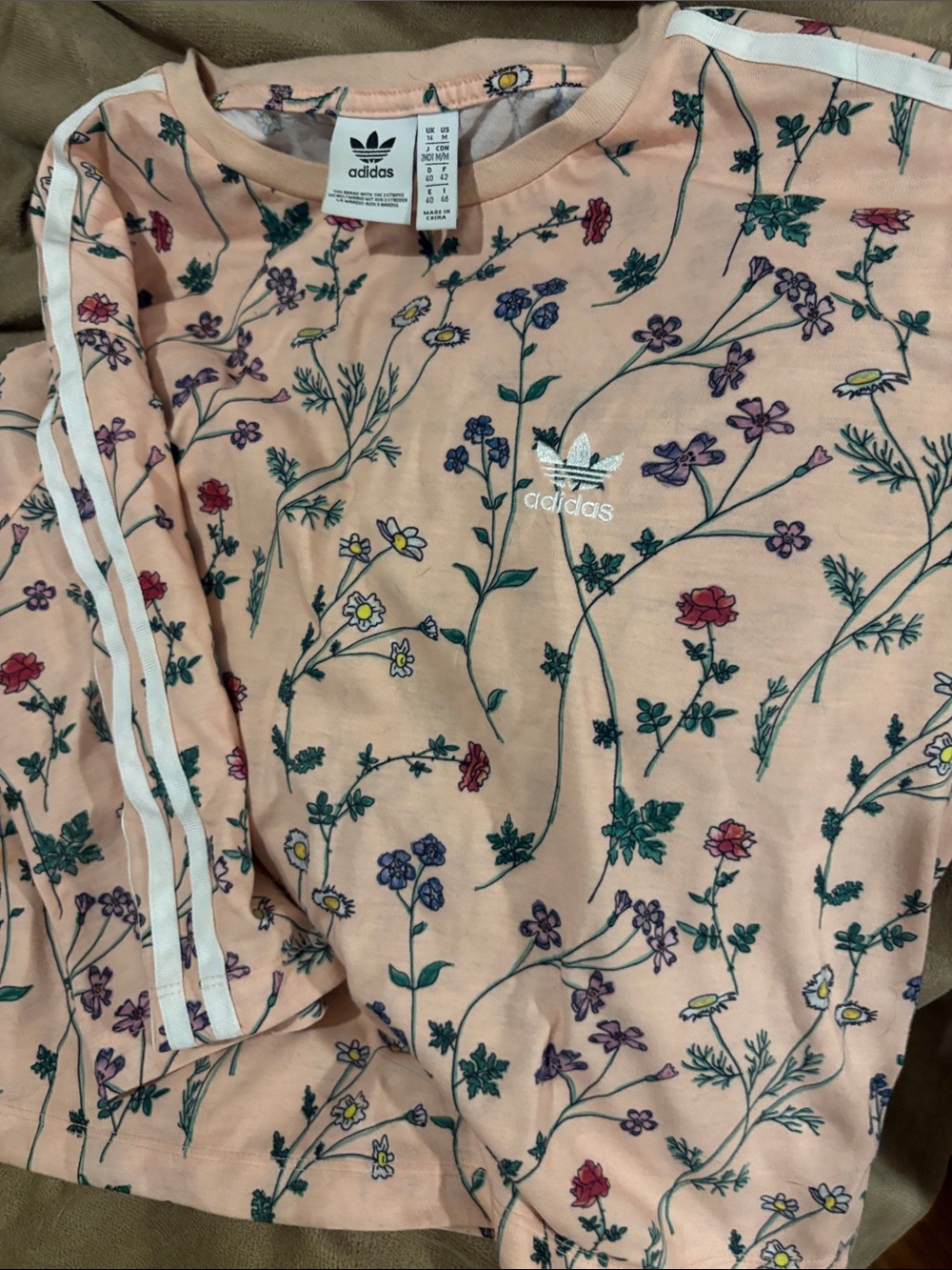 adidas Peach Floral Three-Stripe Crew